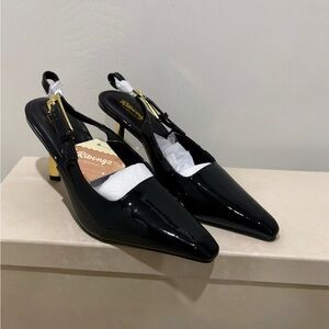 Elegant Black Slingback Heels with Gold Sculpted Heel NIB
